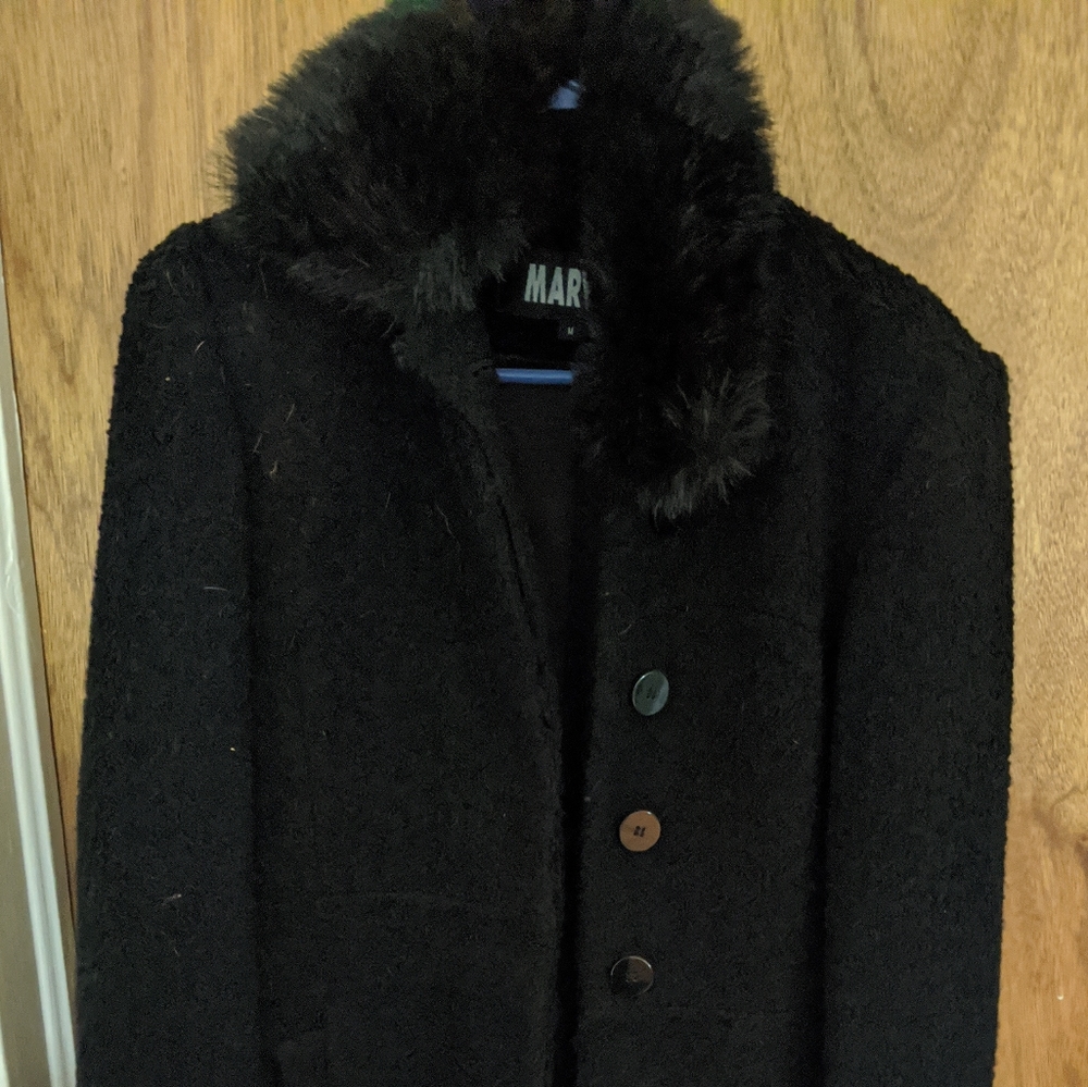 Faux fur collared midi length coat. Textured Not Smooth Wool/Rayon/Acrilic Mix.